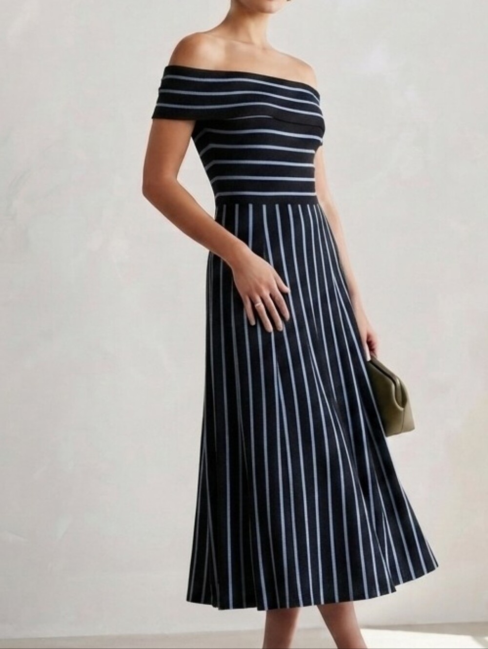NEW No Tags Mossimo Over Off-Shoulder Blck & Whte Striped Fit-and-Flare Dress M - Picture 1 of 15